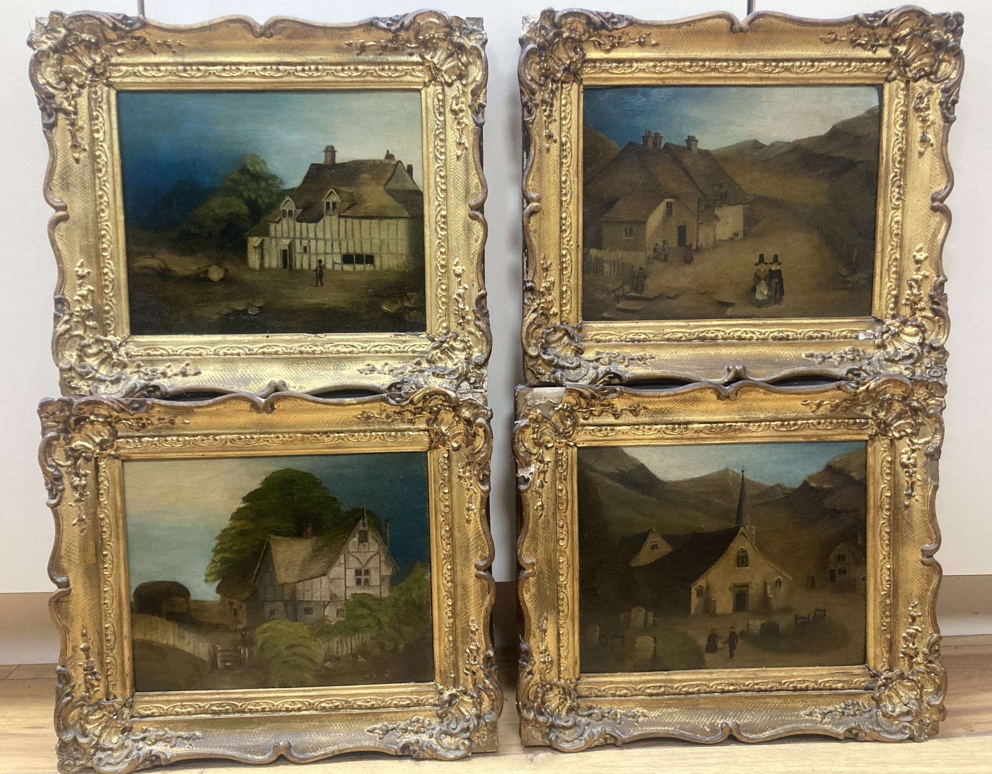 19th century Welsh School, set of 4 oils on panel, Primitive landscapes with figures beside a church, tavern and timber beamed houses,